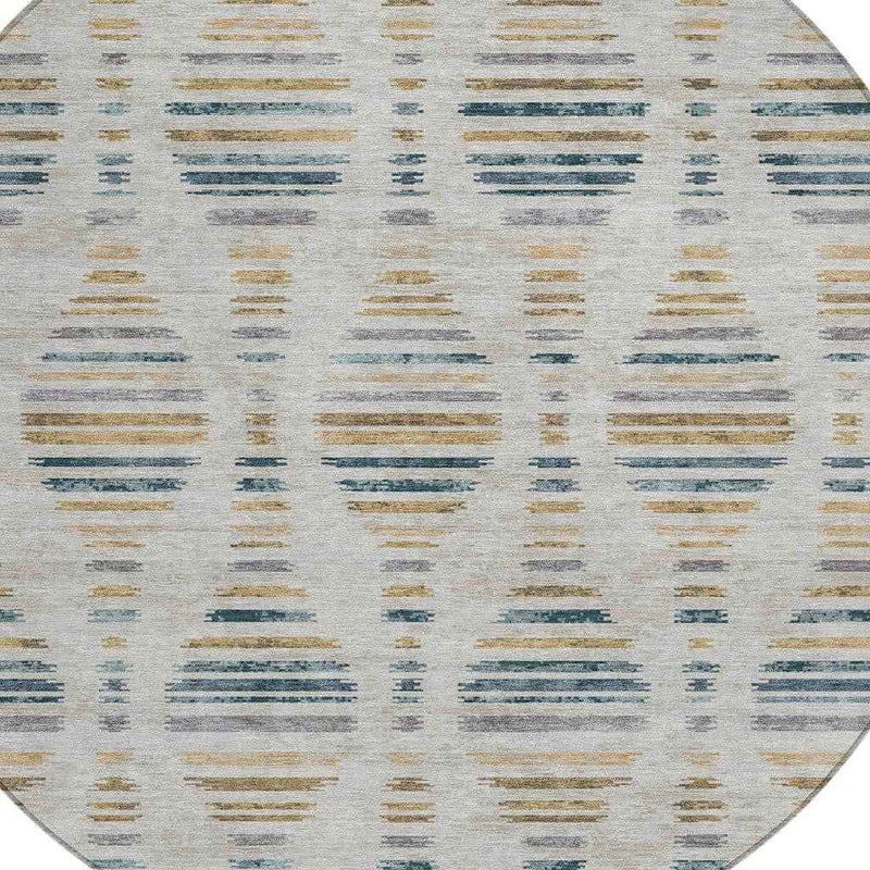 8' Linen And Navy Blue Round Striped Washable Indoor Outdoor Area Rug