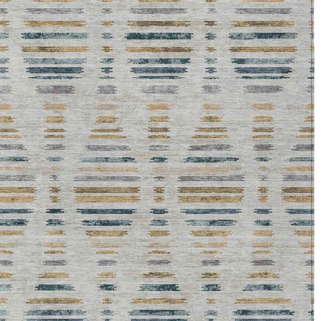 8' X 10' Linen And Navy Blue Striped Washable Indoor Outdoor Area Rug