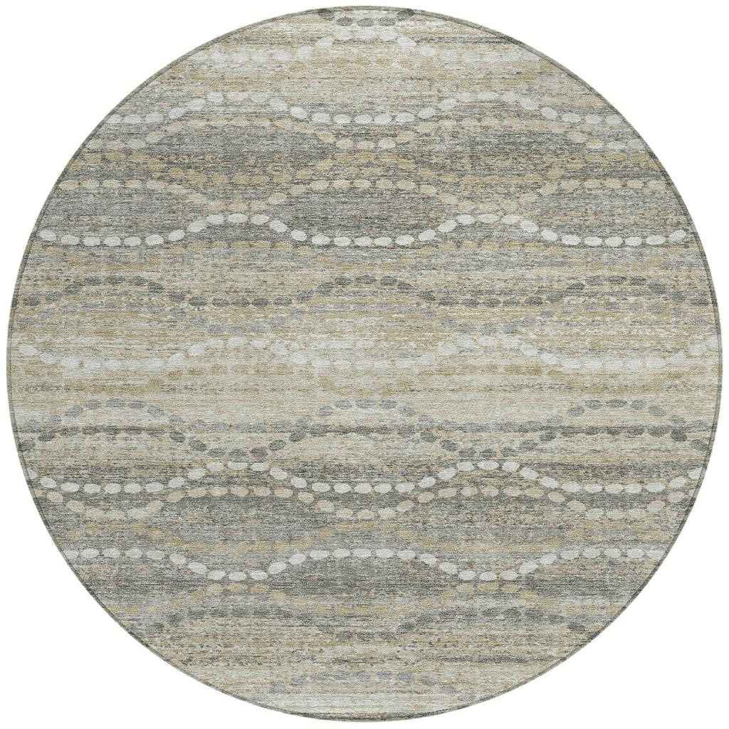 8' Pewter And Ivory Round Ogee Washable Indoor Outdoor Area Rug