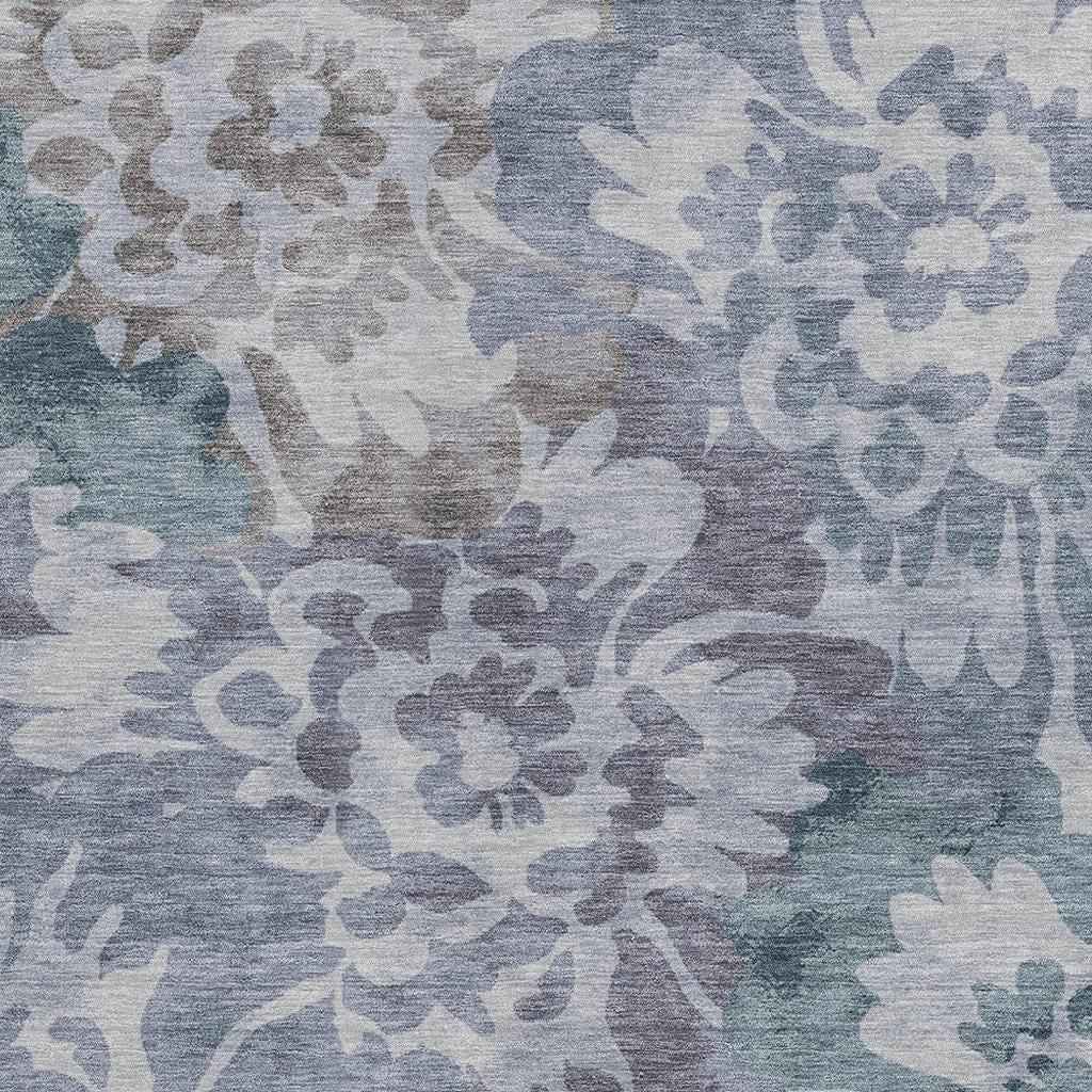 8' X 10' Blue And Silver Floral Washable Indoor Outdoor Area Rug