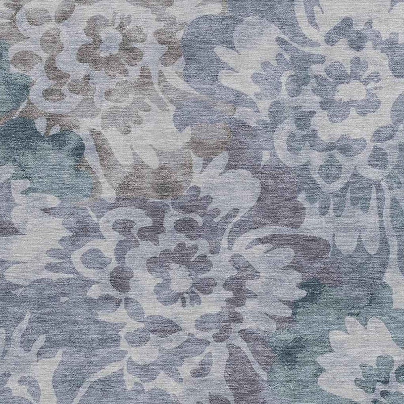 8' X 10' Blue And Silver Floral Washable Indoor Outdoor Area Rug