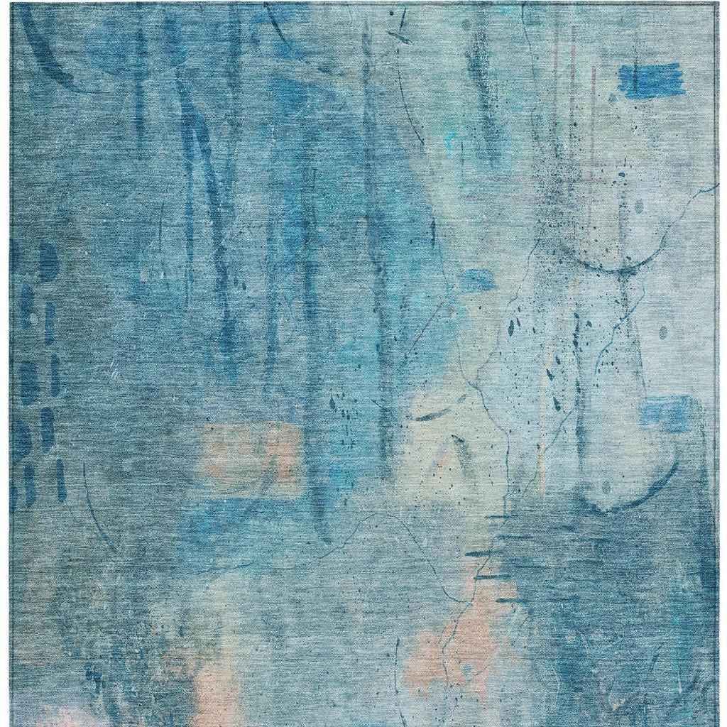 10' X 14' Blue And Beige Abstract Washable Indoor Outdoor Area Rug