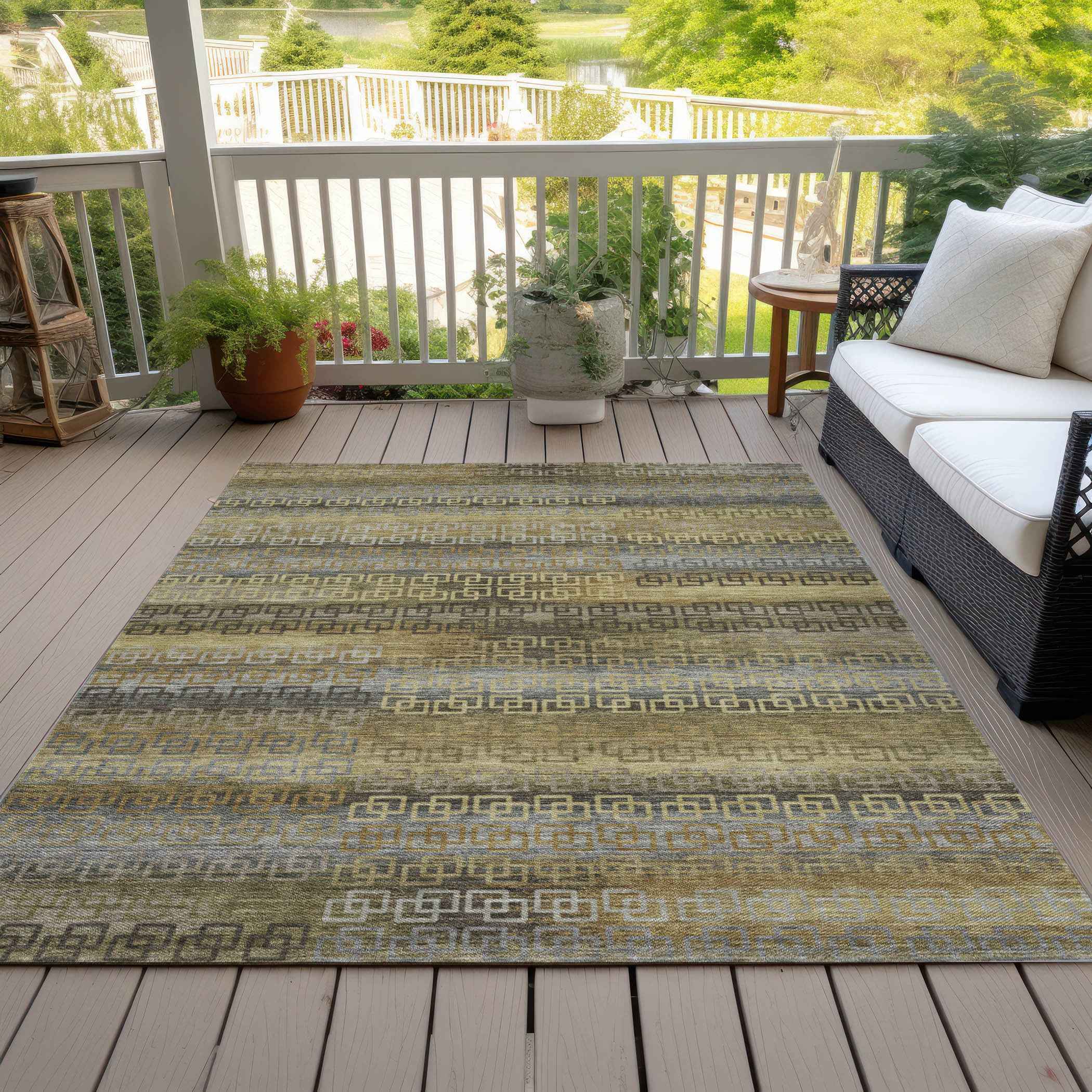 5' X 8' Wheat And Brown Striped Washable Indoor Outdoor Area Rug