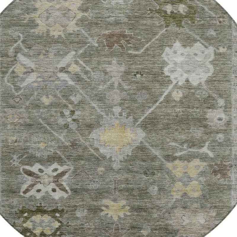 8' Pewter And Gold Round Tribal Washable Indoor Outdoor Area Rug