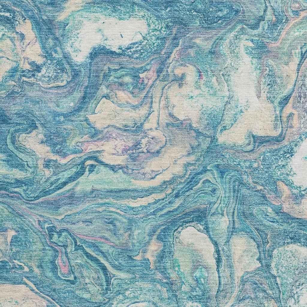 9' X 12' Teal Blue And Ivory Abstract Washable Indoor Outdoor Area Rug