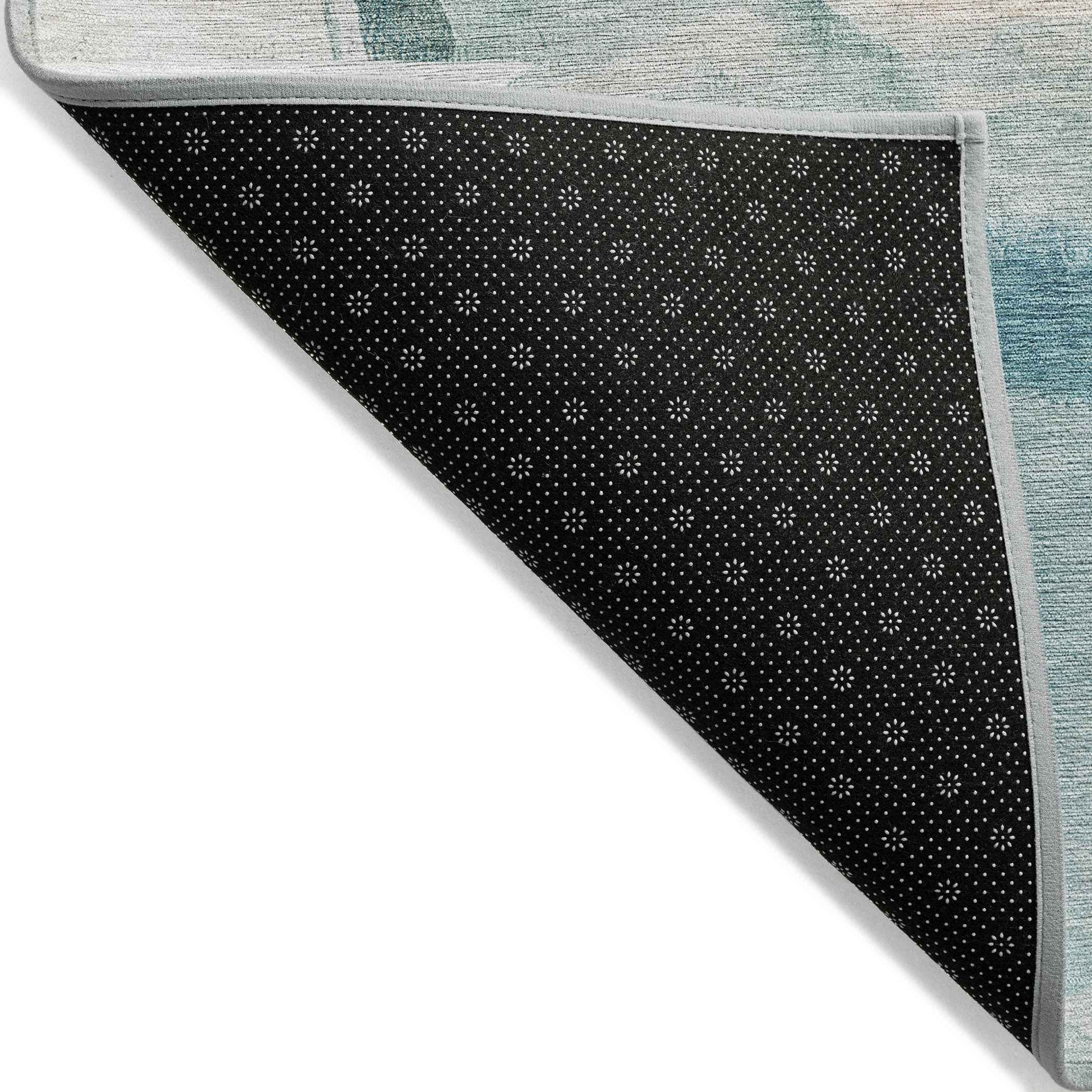 8' Teal Blue And Ivory Round Abstract Washable Indoor Outdoor Area Rug