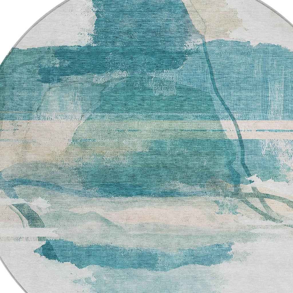8' Teal Blue And Ivory Round Abstract Washable Indoor Outdoor Area Rug