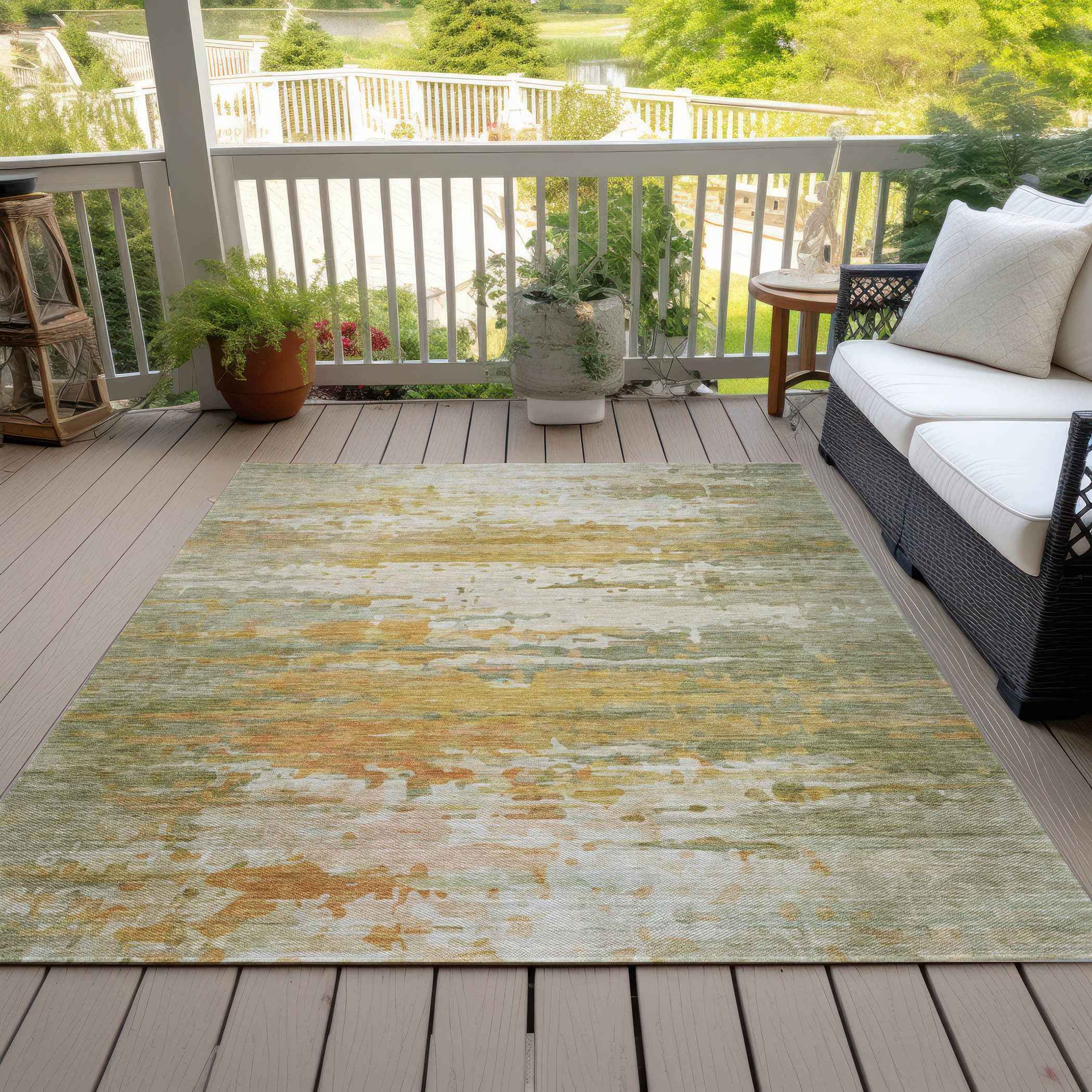 3' X 5' Artichoke Green And Gold Abstract Washable Indoor Outdoor Area Rug