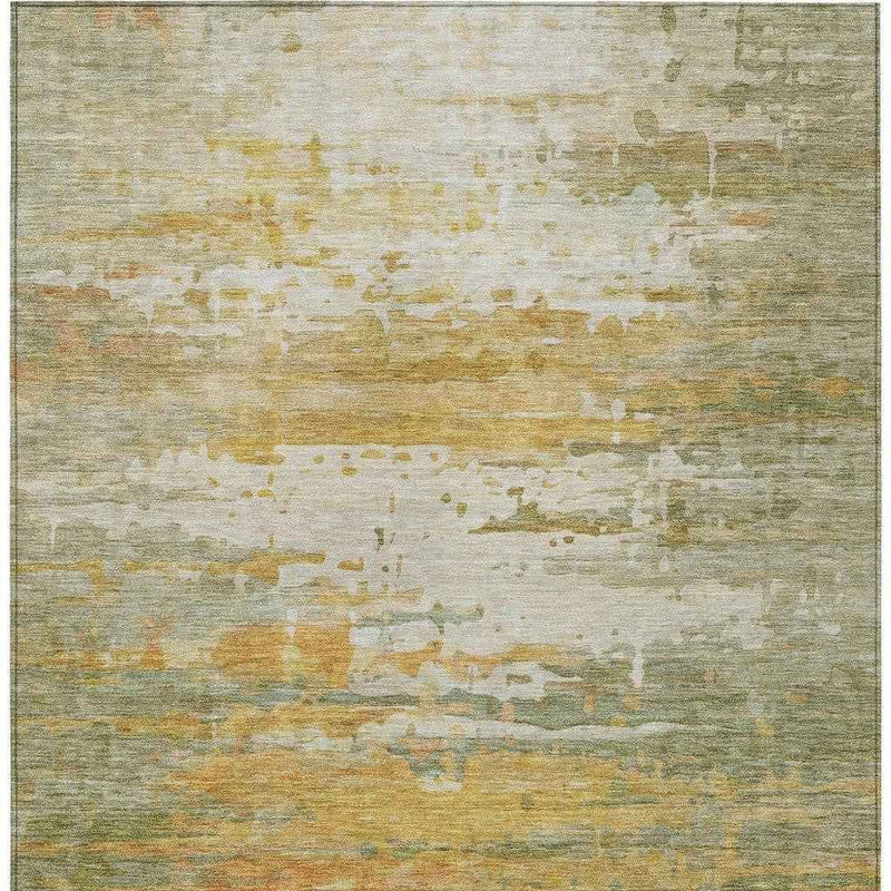 3' X 5' Artichoke Green And Gold Abstract Washable Indoor Outdoor Area Rug