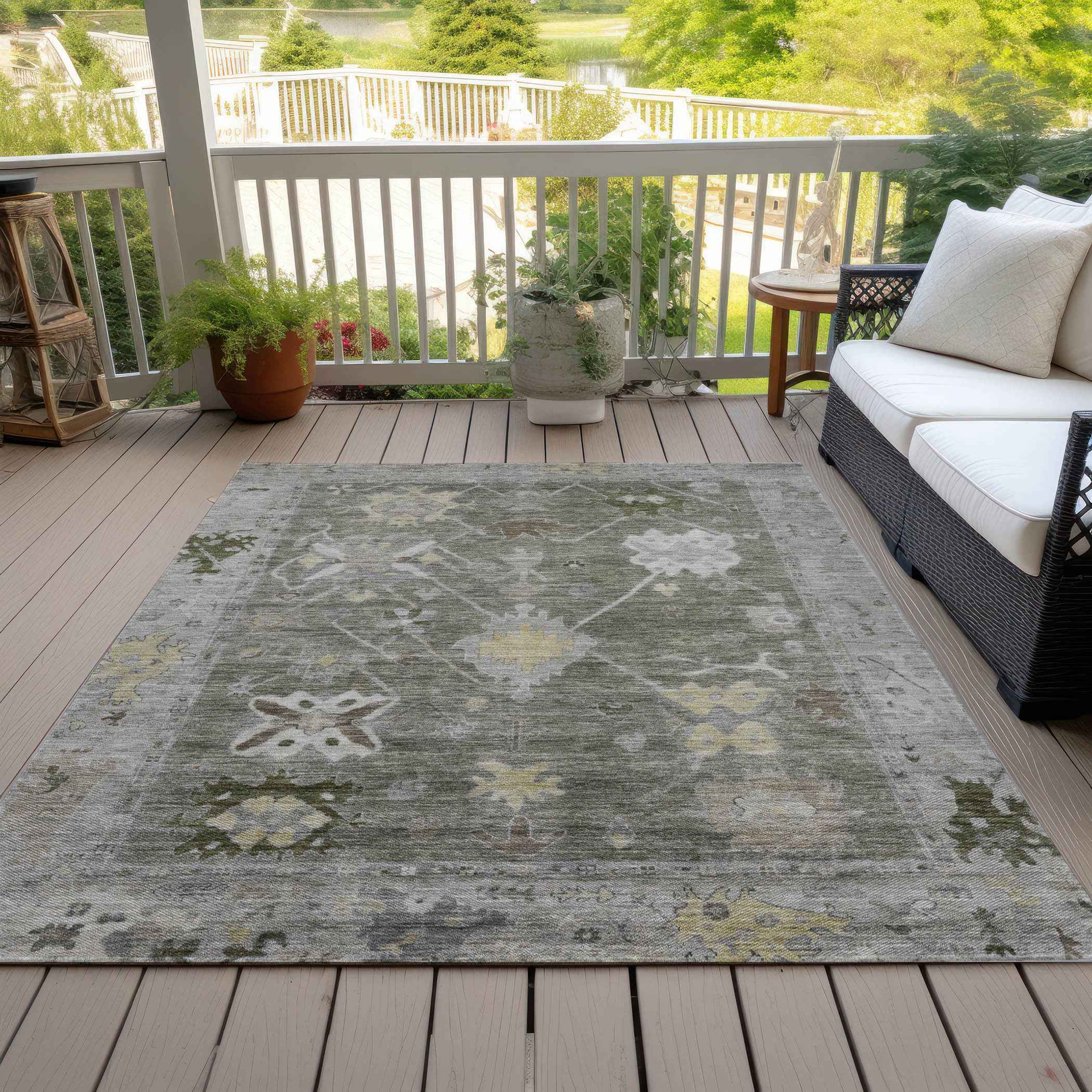 5' X 8' Pewter And Gold Tribal Washable Indoor Outdoor Area Rug