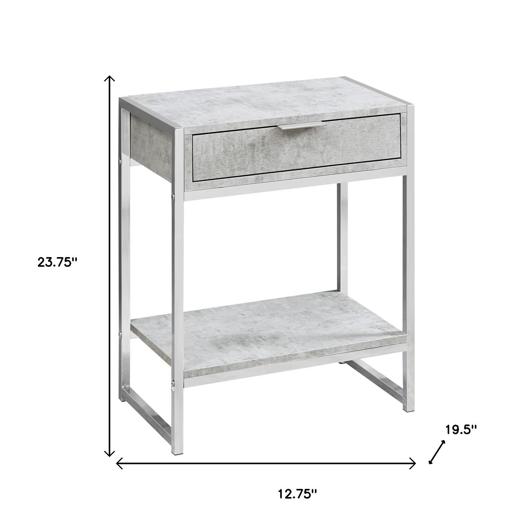 24" Silver And Gray Wood And Metal End Table With Drawer And Shelf - Living Room