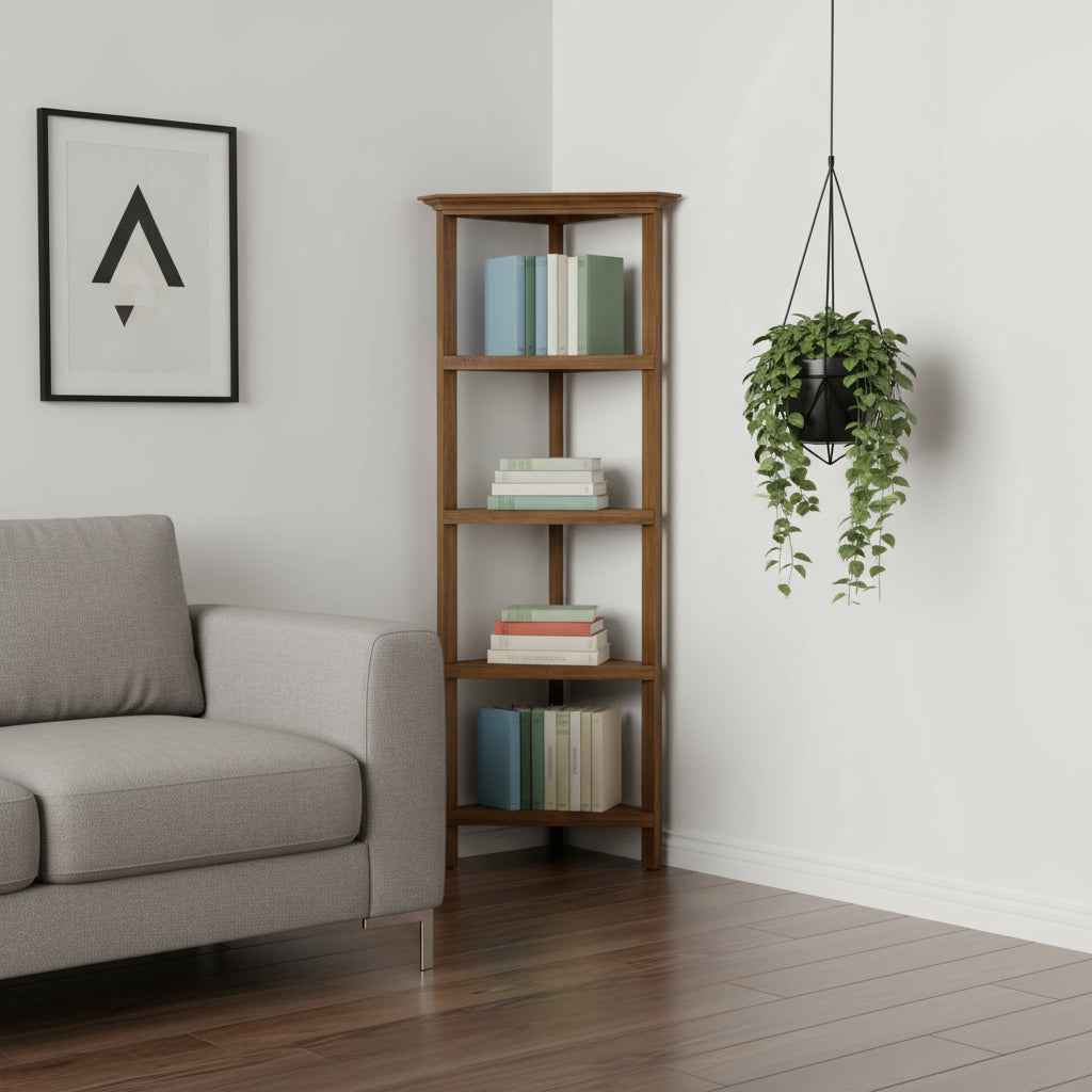 60" Walnut Solid Wood Four Tier Corner Bookcase