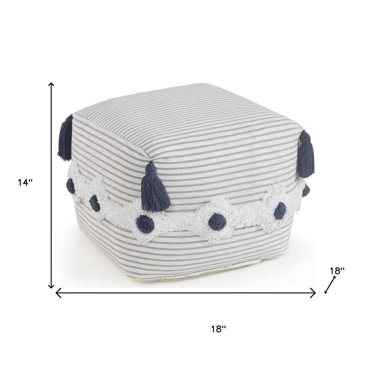 18" Gray Cotton Striped Pouf Ottoman