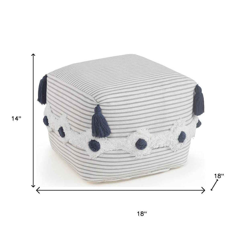 18" Gray Cotton Striped Pouf Ottoman