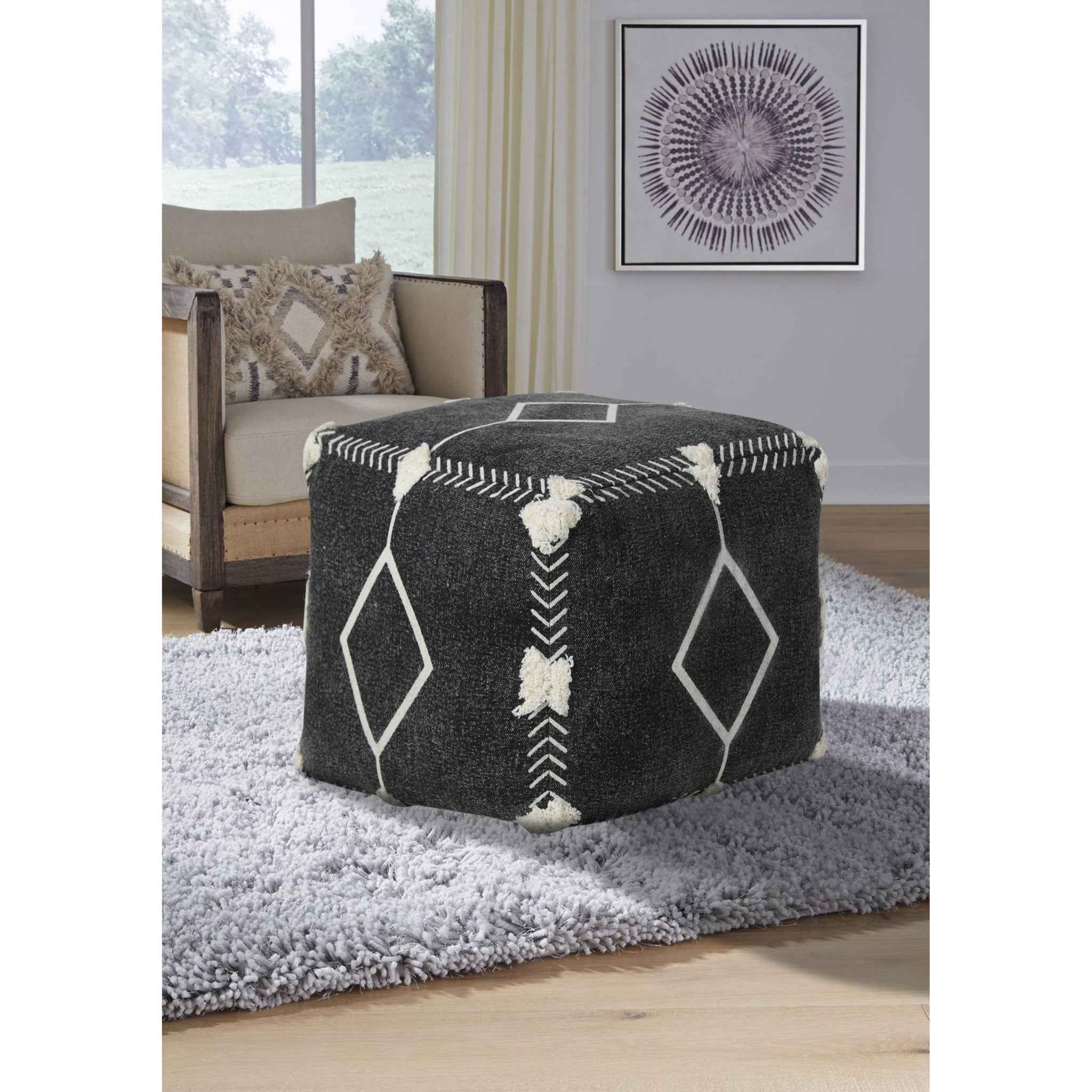 18" Black Cotton Geometric Pouf Ottoman