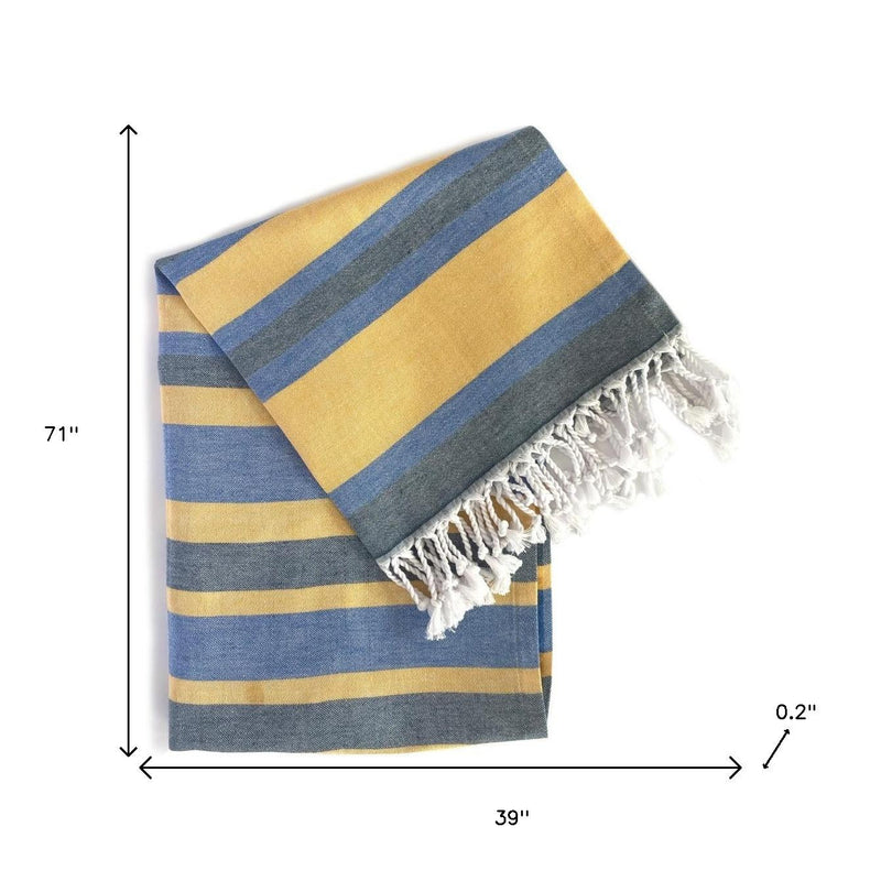 Denim Blue and Yellow Striped Turkish Towel Beach Blanket - Outdoor