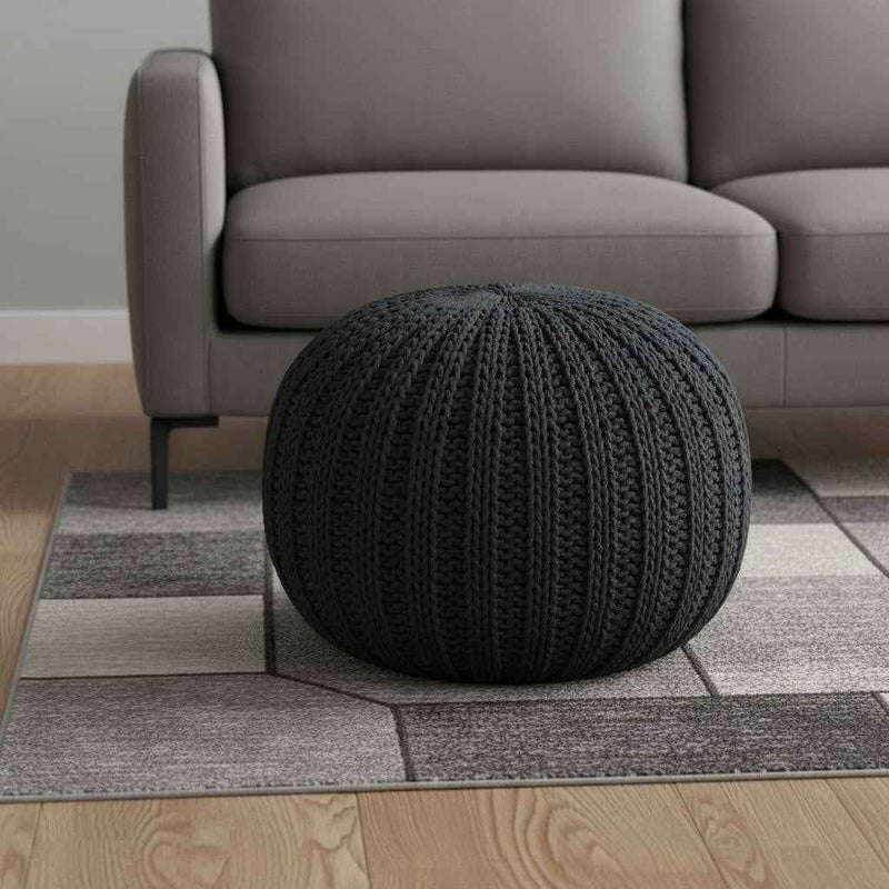 20" Black Cotton Round Pouf Ottoman
