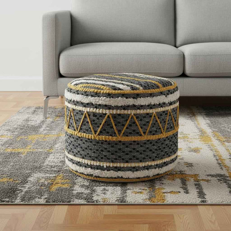 18" Black Cotton Cylinder Striped Pouf Ottoman
