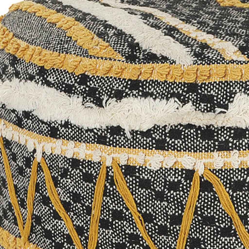 18" Black Cotton Cylinder Striped Pouf Ottoman