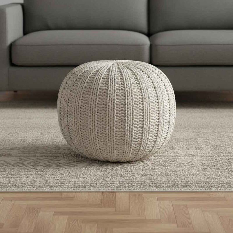 20" Beige Cotton Round Pouf Ottoman