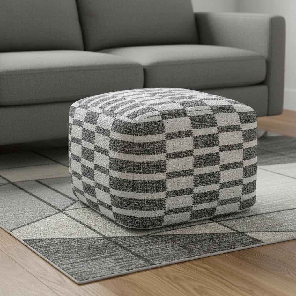 18" Gray Cotton Geometric Pouf Ottoman