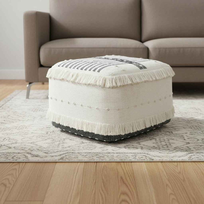 18" White Cotton Striped Pouf Ottoman