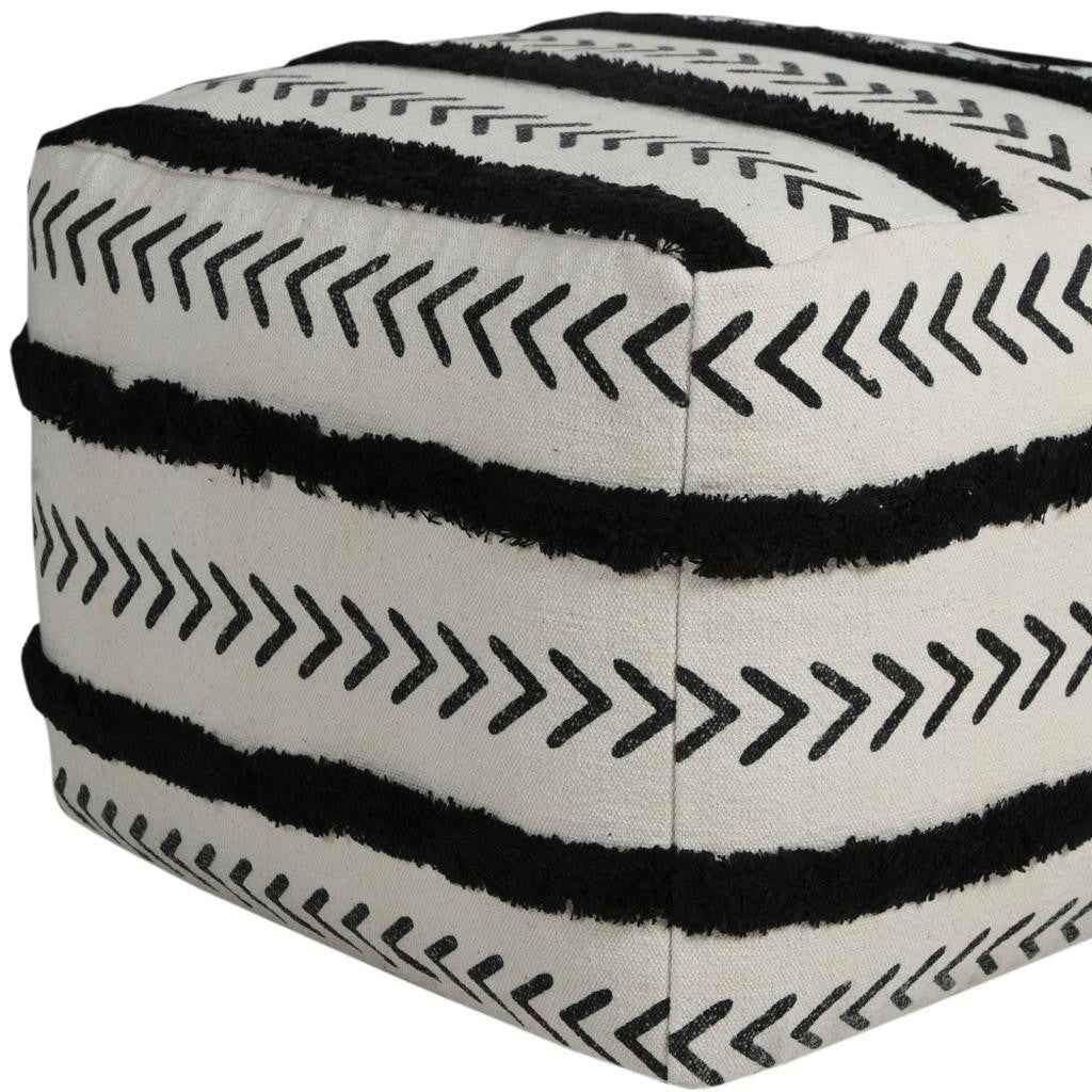 18" White Cotton Striped Pouf Ottoman