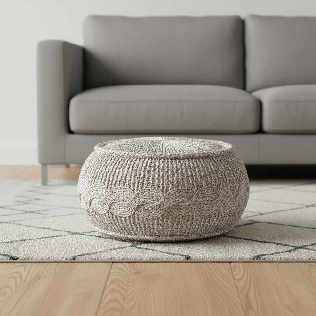 20" Beige Cotton Round Geometric Pouf Ottoman