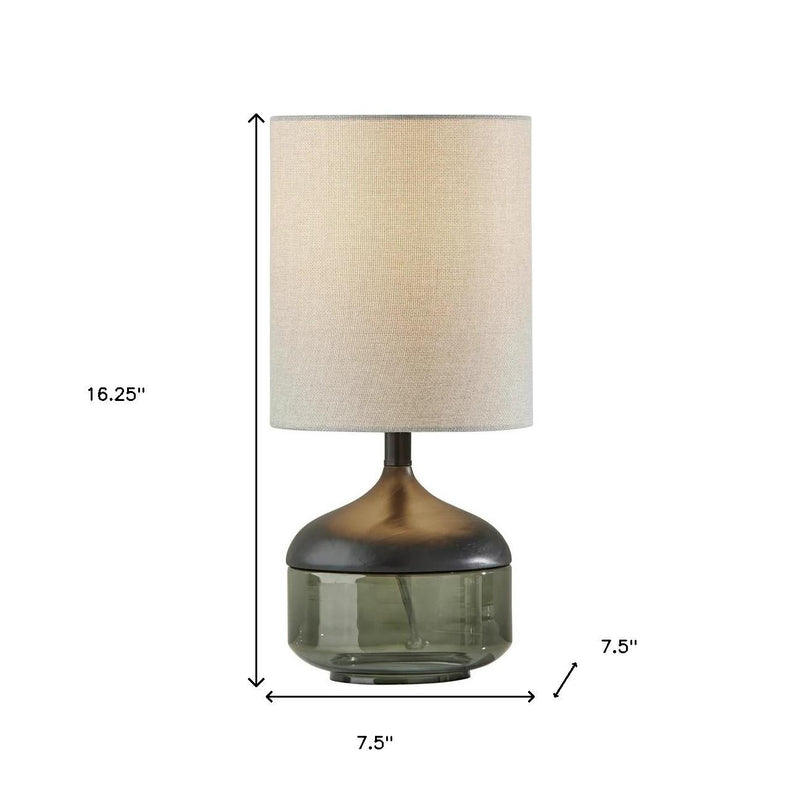 16" Black And Dark Green Wood And Smoked Glass Table Lamp With Beige Drum Shade - Lighting