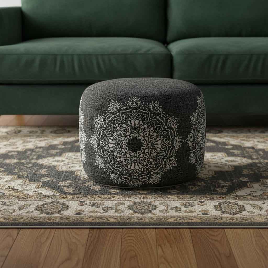 18" Black Cotton Cylinder Medallion Pouf Ottoman