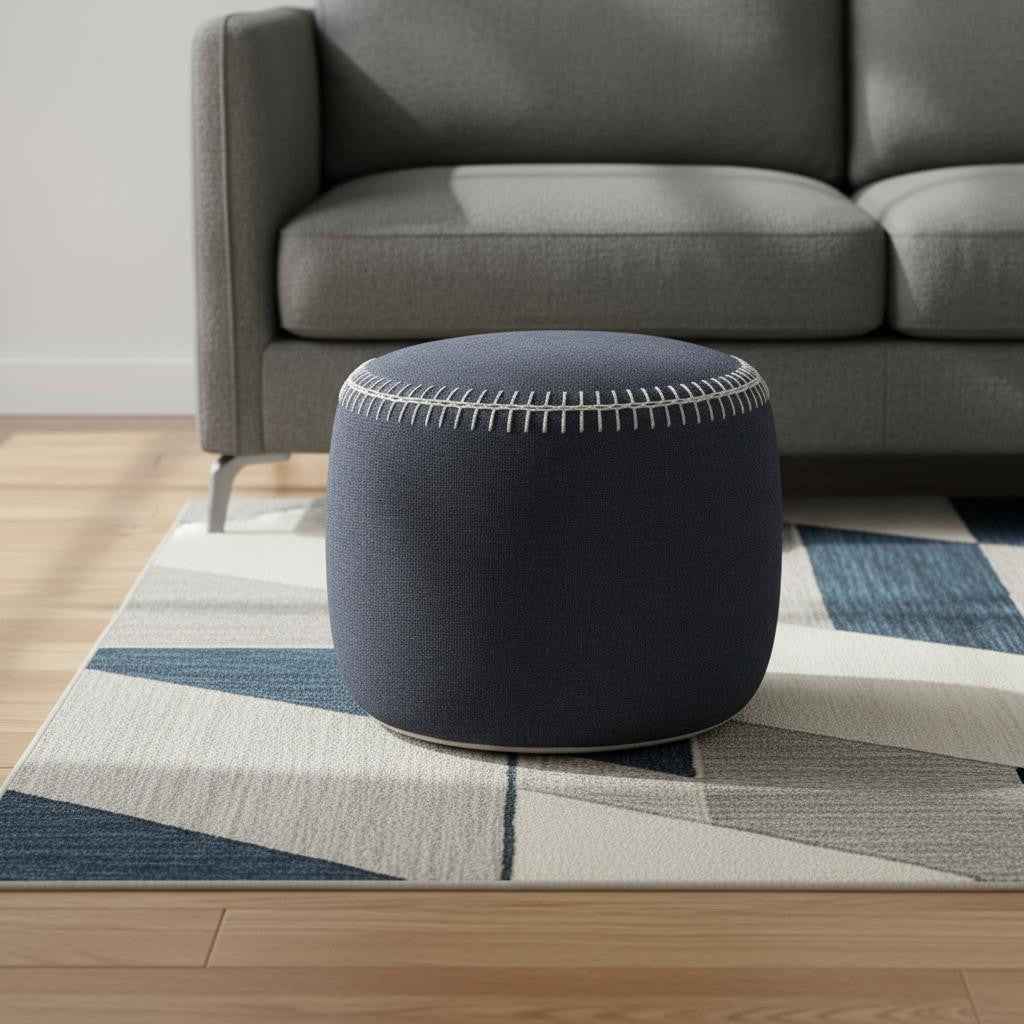 18" Blue Cotton Cylinder Striped Pouf Ottoman