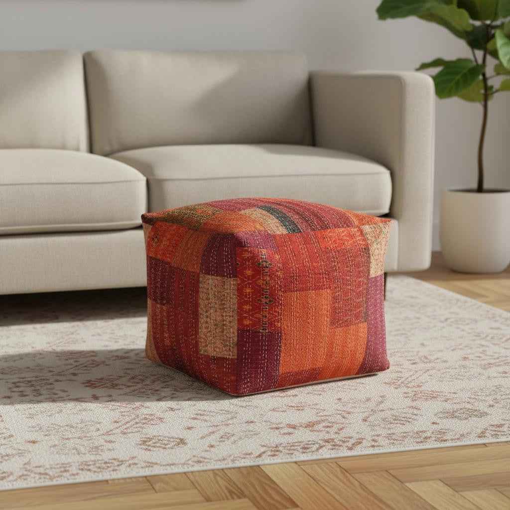 24" Red Patchwork Pouf Ottoman