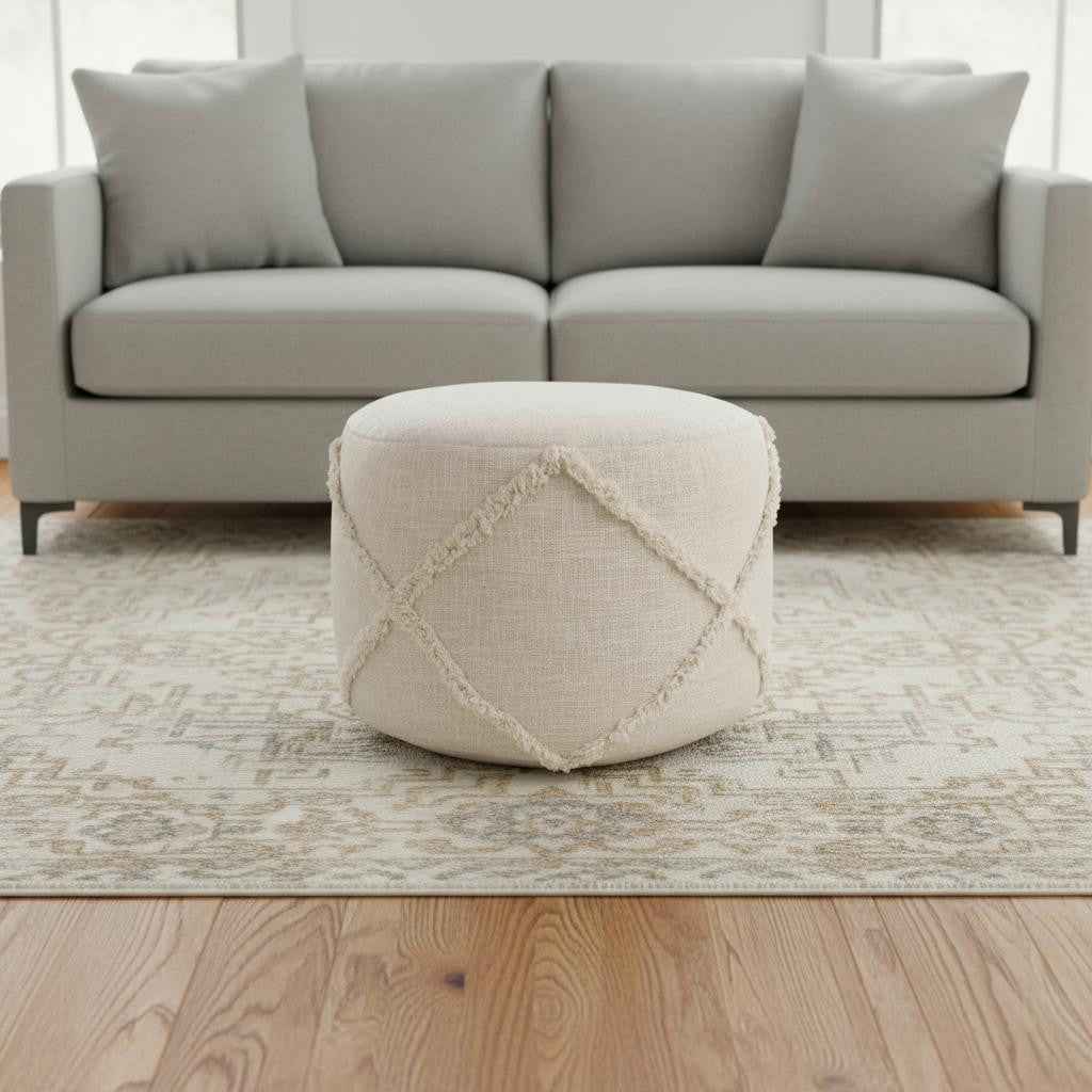 18" Cream Cotton Cylinder Geometric Pouf Ottoman