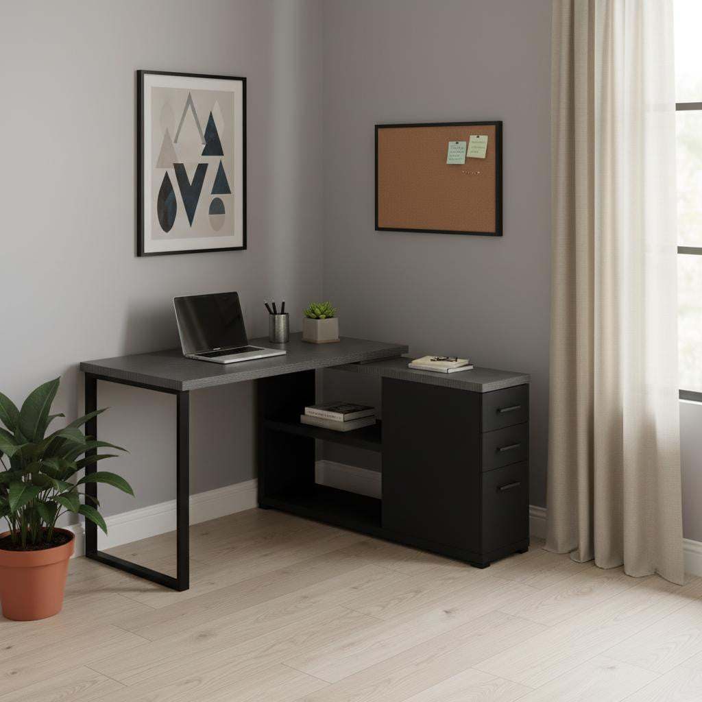 47" Gray and Black L Shape Computer Desk With Three Drawers - GreatEagleInc