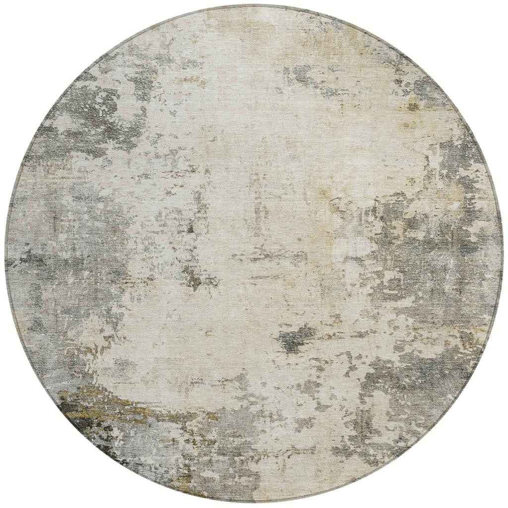 8' Pewter And Ivory Round Abstract Washable Indoor Outdoor Area Rug