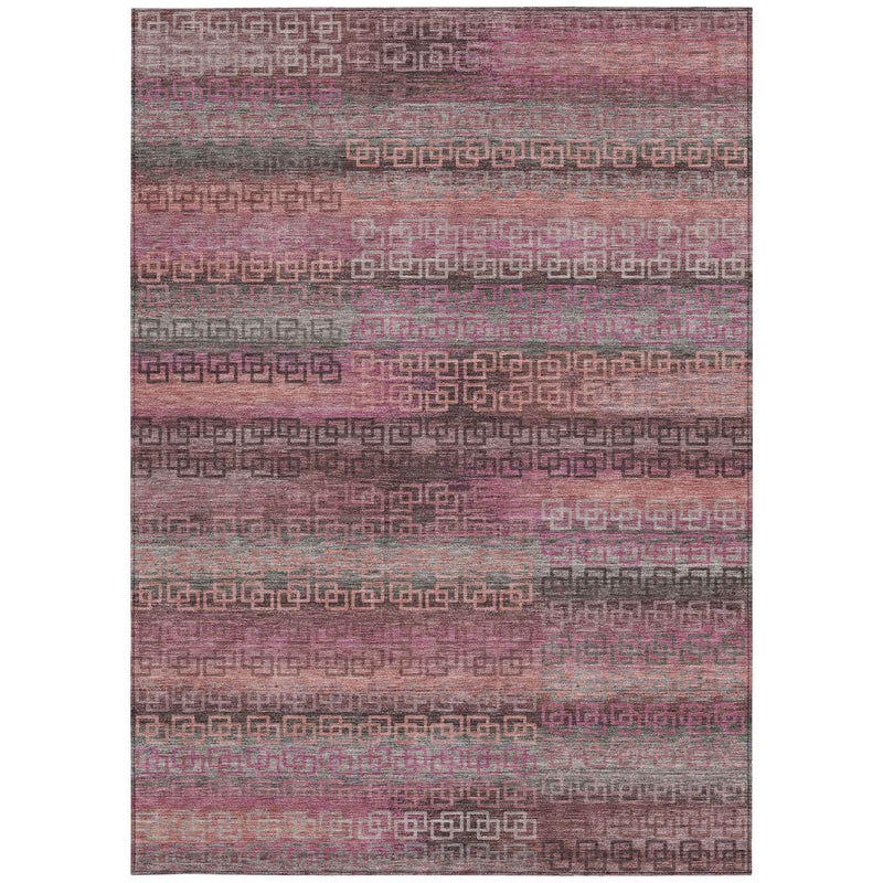 8' X 10' Pink And Gray Striped Washable Indoor Outdoor Area Rug