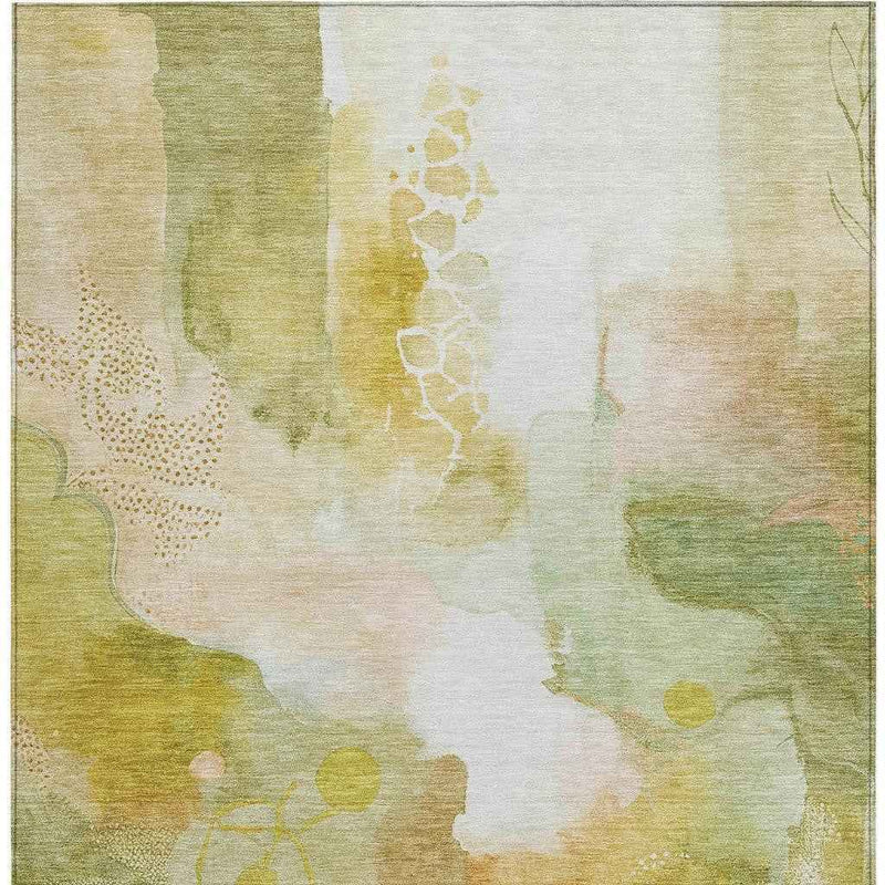 8' X 10' Fern Green Gold And Ivory Abstract Washable Indoor Outdoor Area Rug