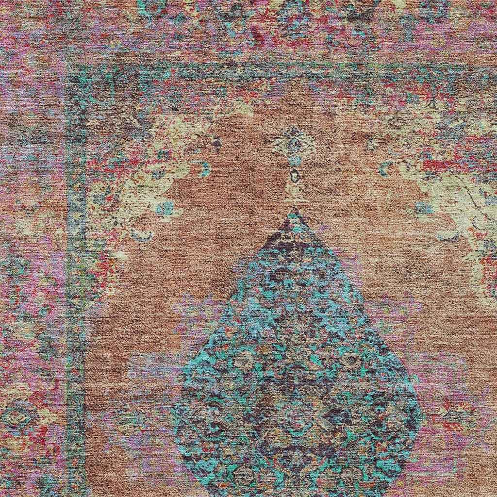 3' X 5' Orange And Teal Blue Medallion Washable Indoor Outdoor Area Rug