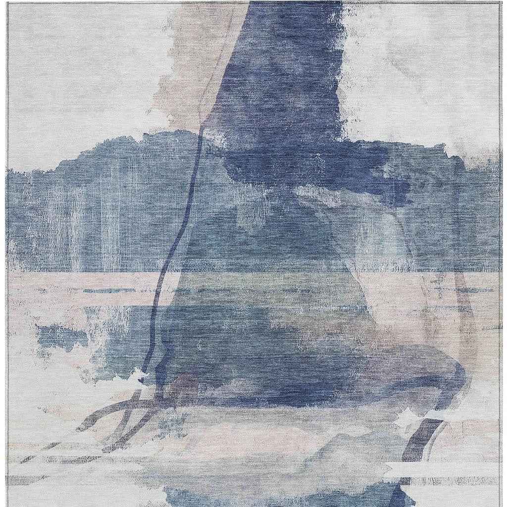 5' X 8' Blue And Ivory Abstract Washable Indoor Outdoor Area Rug