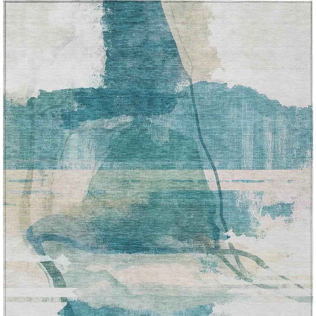 10' X 14' Teal Blue And Ivory Abstract Washable Indoor Outdoor Area Rug