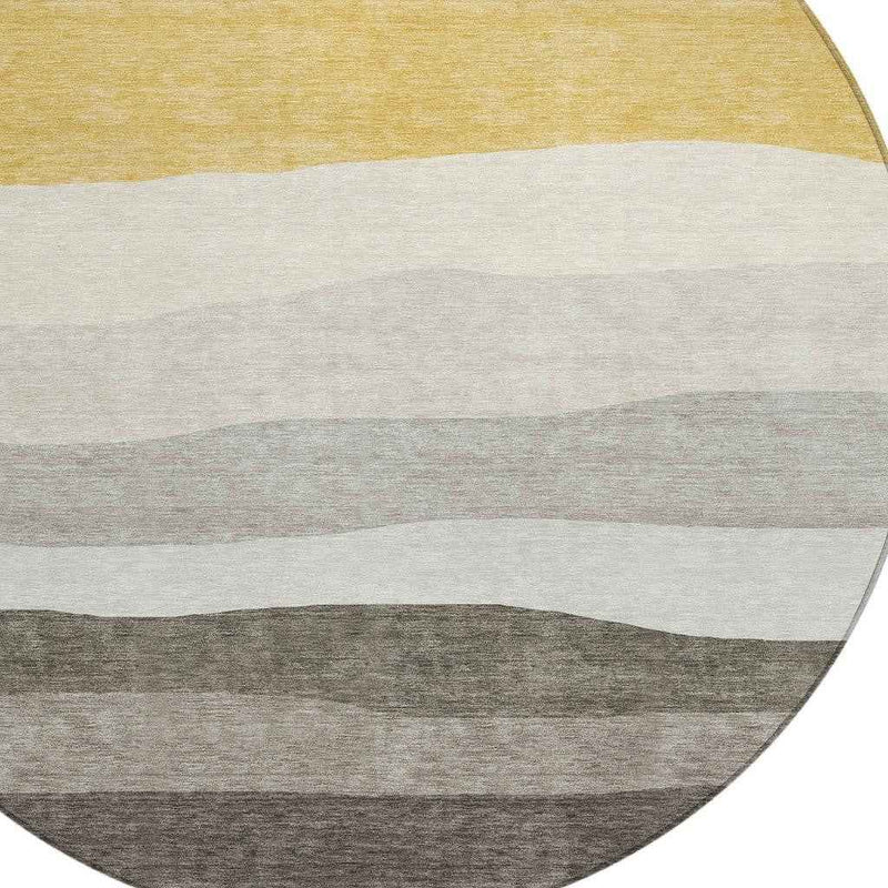 8' Pewter Gold And Ivory Round Striped Washable Indoor Outdoor Area Rug