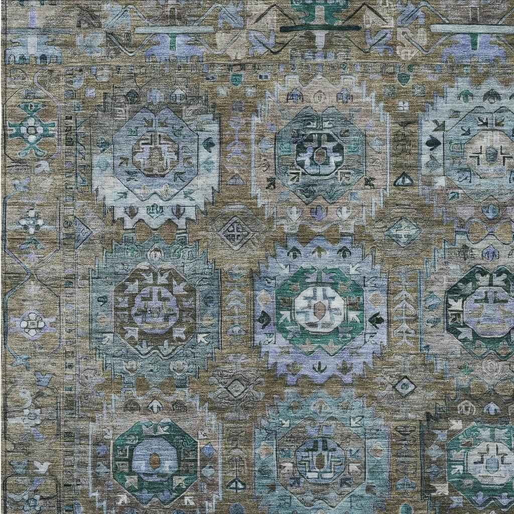 5' X 8' Brown Gray And Teal Blue Medallion Washable Indoor Outdoor Area Rug