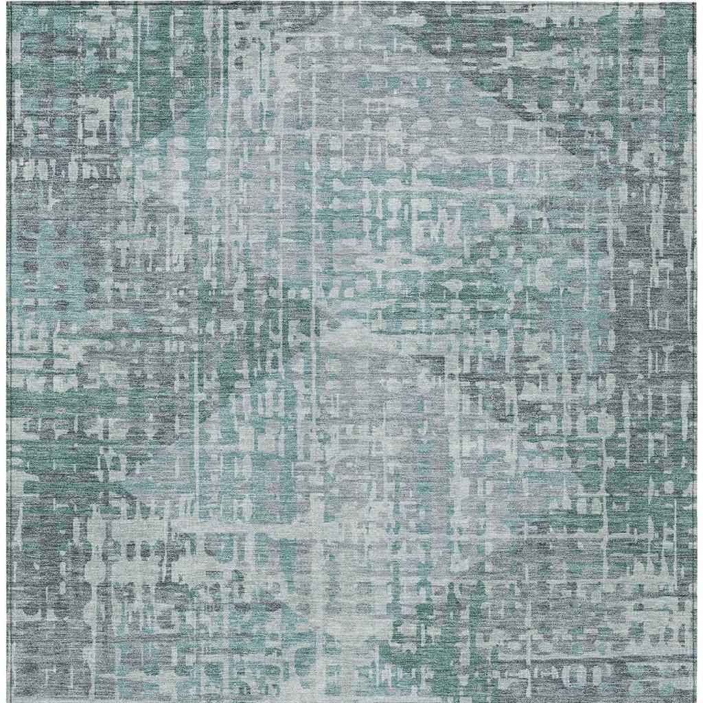 5' X 8' Teal Blue And Gray Geometric Washable Indoor Outdoor Area Rug