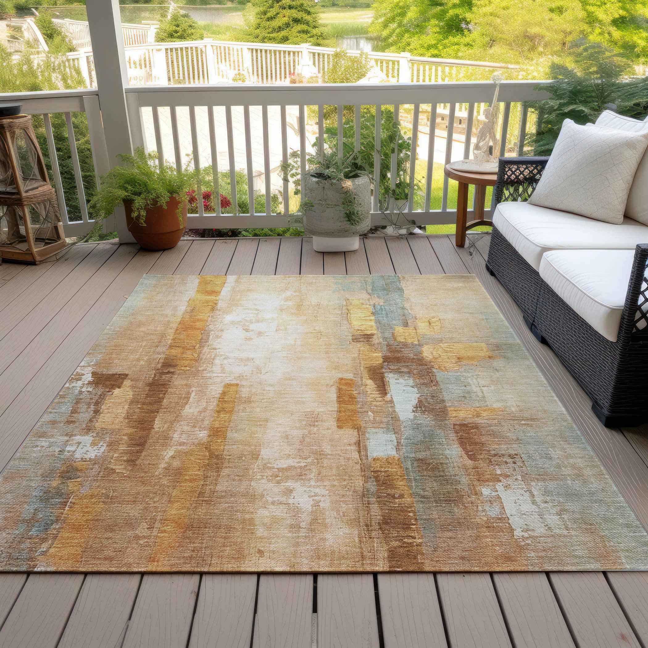 3' X 5' Copper And Ivory Abstract Washable Indoor Outdoor Area Rug