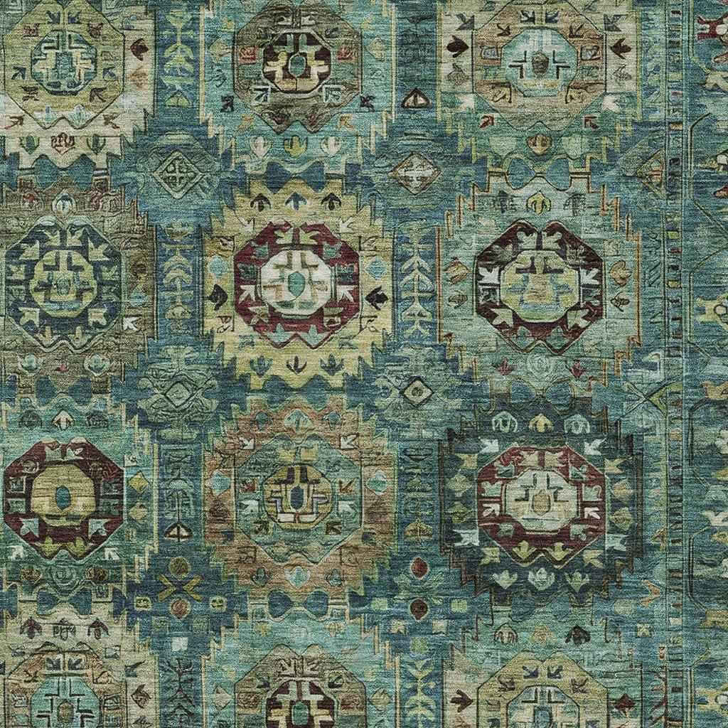 3' X 5' Teal Blue Brown And Taupe Medallion Washable Indoor Outdoor Area Rug