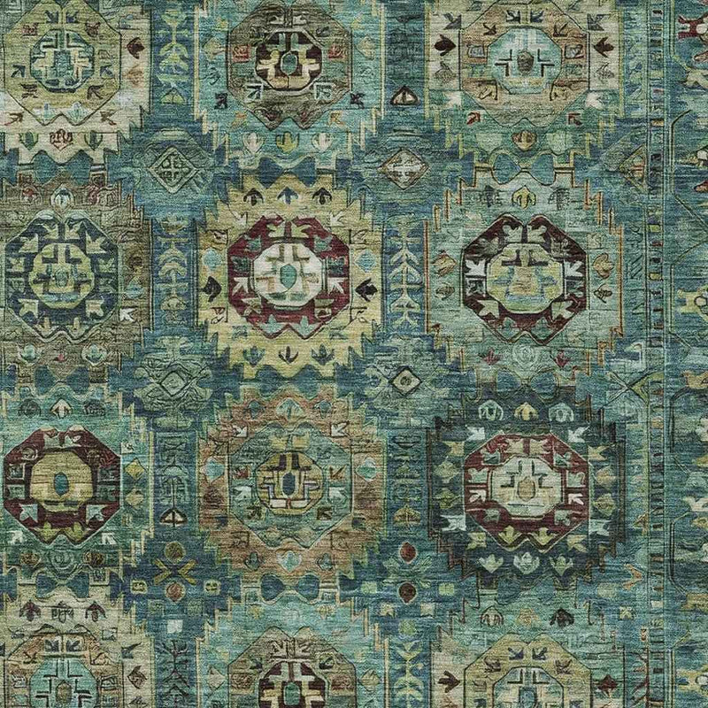 3' X 5' Teal Blue Brown And Taupe Medallion Washable Indoor Outdoor Area Rug
