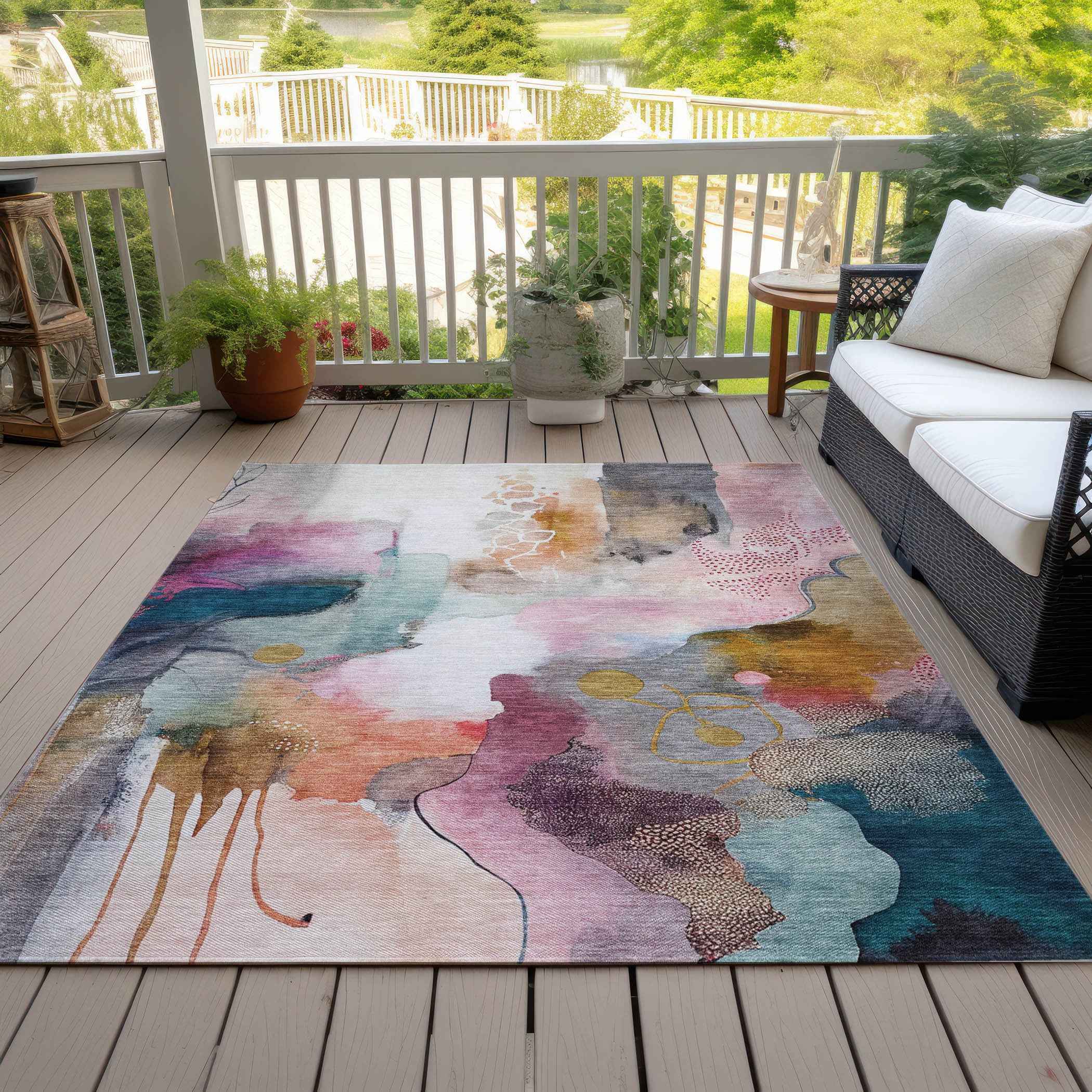 10' X 14' Blush Teal Blue And Ivory Abstract Washable Indoor Outdoor Area Rug