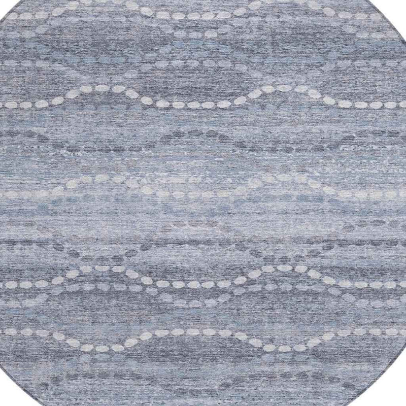 8' Blue And Ivory Round Ogee Washable Indoor Outdoor Area Rug