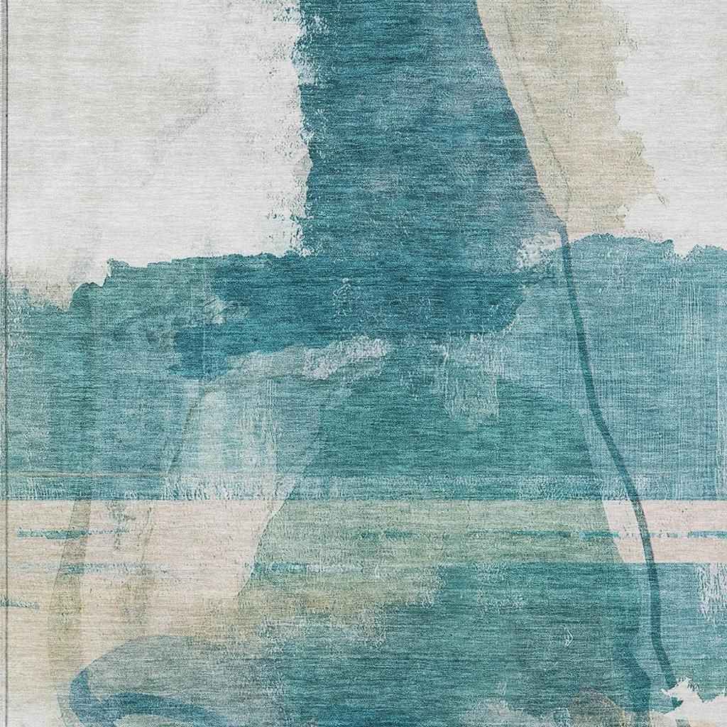 3' X 5' Teal Blue And Ivory Abstract Washable Indoor Outdoor Area Rug
