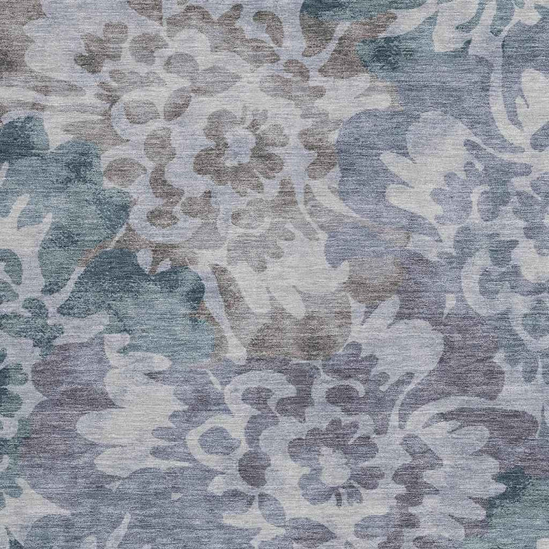 9' X 12' Blue And Silver Floral Washable Indoor Outdoor Area Rug